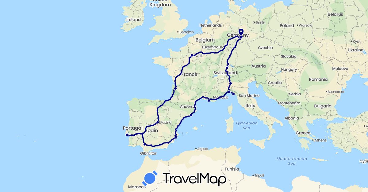 TravelMap itinerary: driving in Switzerland, Germany, Spain, France, Italy, Portugal (Europe)